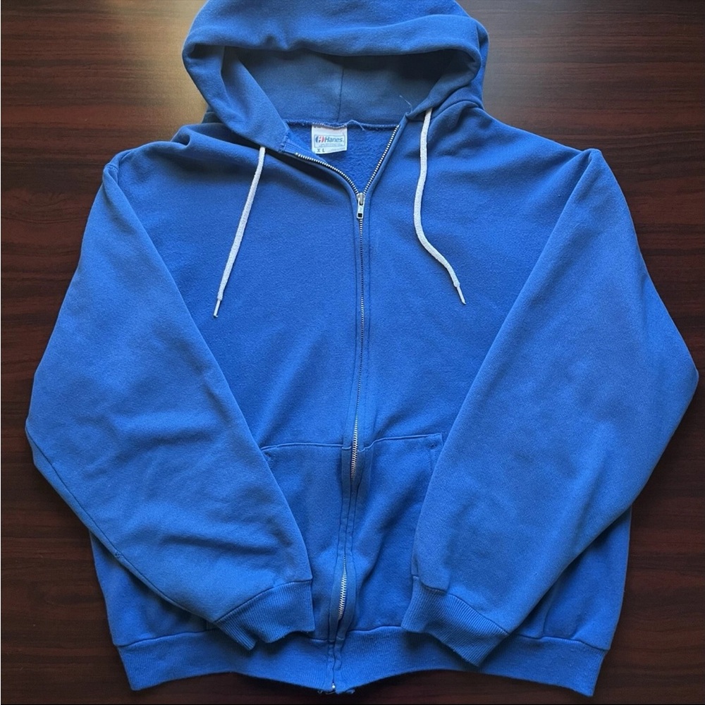 Vintage 80s Hanes Hooded Jacket Adult XL Blank Blue Full Zip Blue